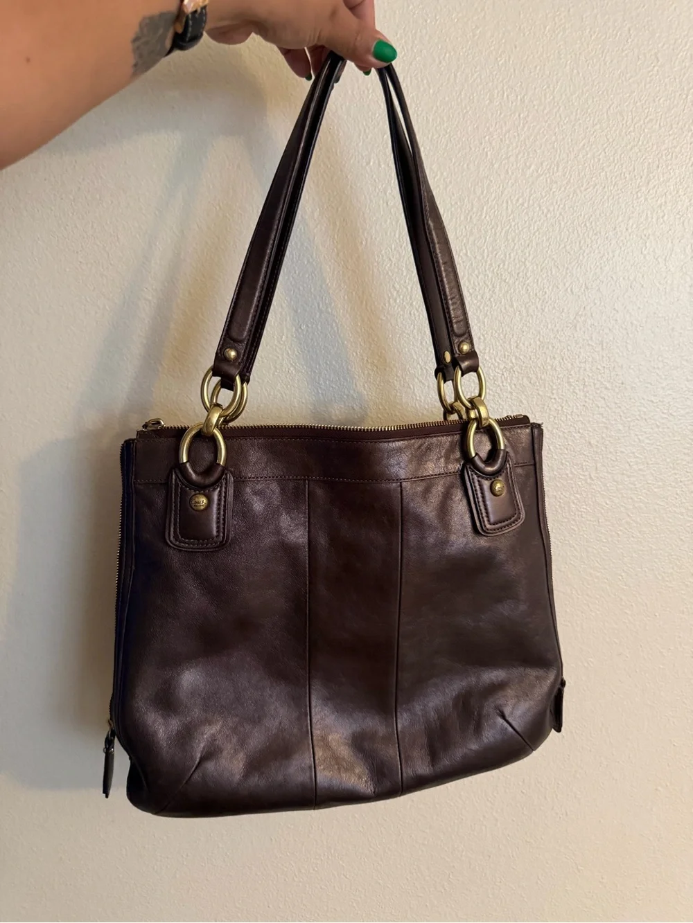 Coach Dark Brown Leather Shoulder Bag with Gold Hardware